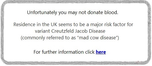 Online eligibility criteria questionnaire - Unfortunately, you are not able to donate blood - answer button