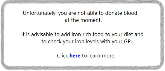 Online eligibility criteria questionnaire - Unfortunately, you are not able to donate blood - answer button