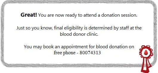 Online eligibility criteria questionnaire - Congratulations you are eligible to donate button
